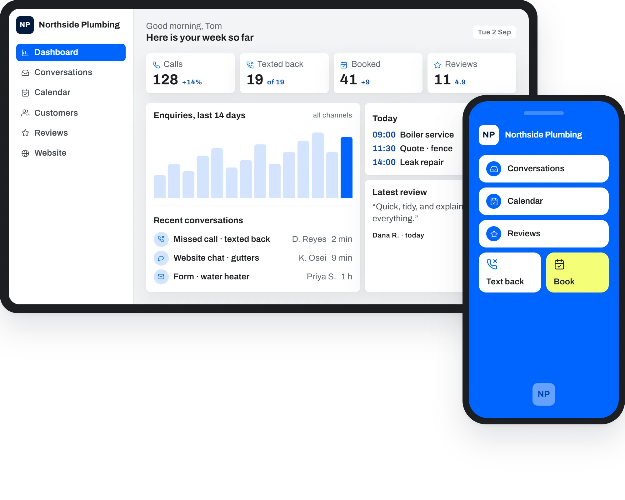 A tablet showing the Hardpoint dashboard for a plumbing business, with a phone in front of it showing the same business's app: conversations, calendar, reviews, and a text-back button. Sample data.